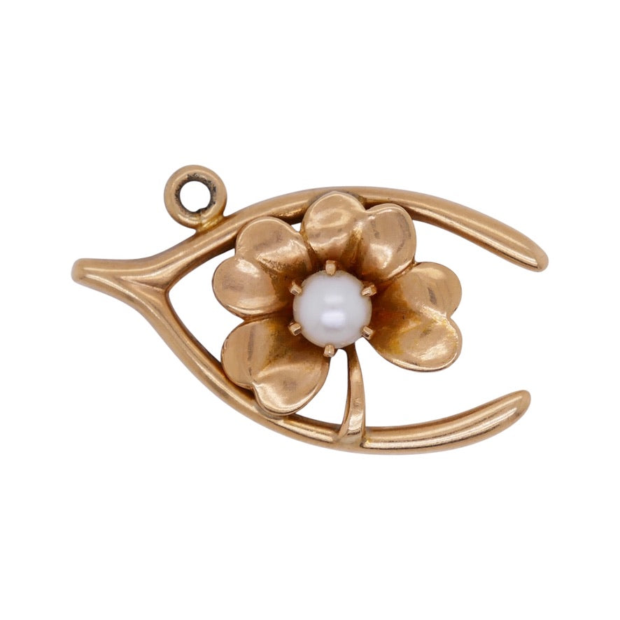 Vintage 14K Gold Wishbone & Four Leaf Clover Charm