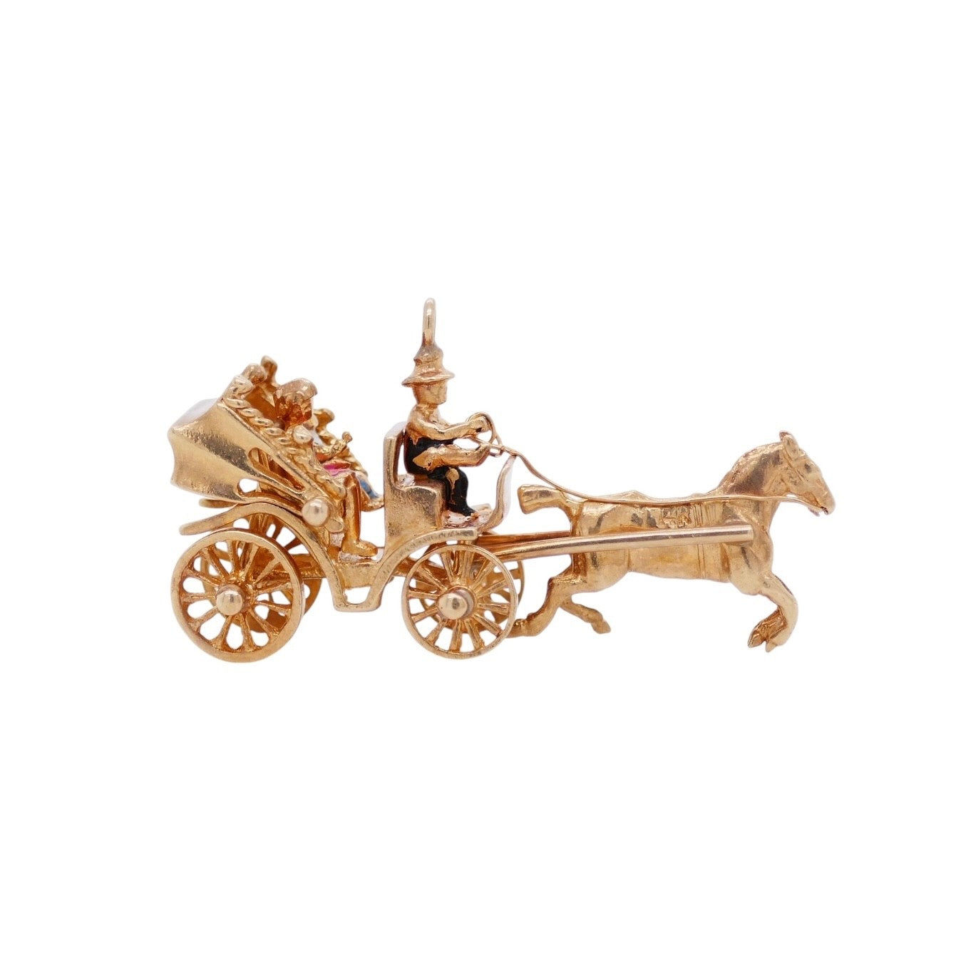 Vintage 14K Gold Articulated Horse & Carriage Pendant – Moving Canopy & Wheels