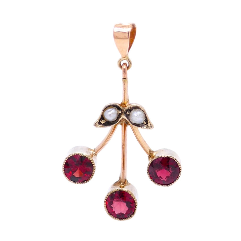 Vintage 9K Gold Garnet & Pearl Cherry Charm/Pendant