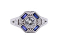 Vintage-Inspired 14K White Gold Diamond & Sapphire Ring Sz 7.25 – Art Deco Style