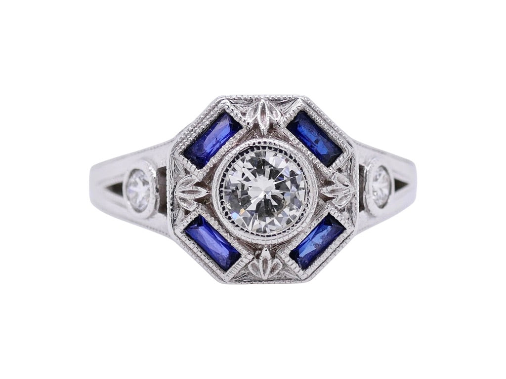 Vintage-Inspired 14K White Gold Diamond & Sapphire Ring Sz 7.25 – Art Deco Style