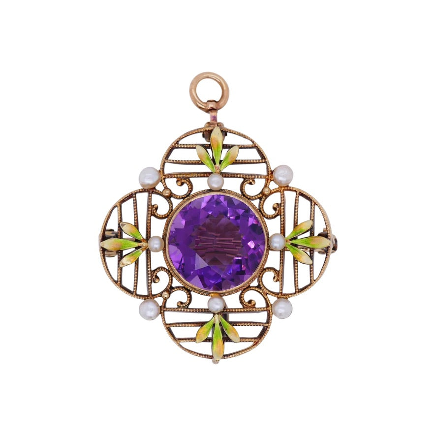 Vintage 14K Gold Amethyst Pin/ Pendant Pearls & Enamel – Convertible