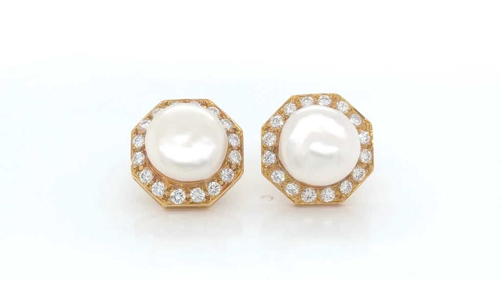 Vintage 18K Yellow Gold Mabe Pearl & Diamond Earrings