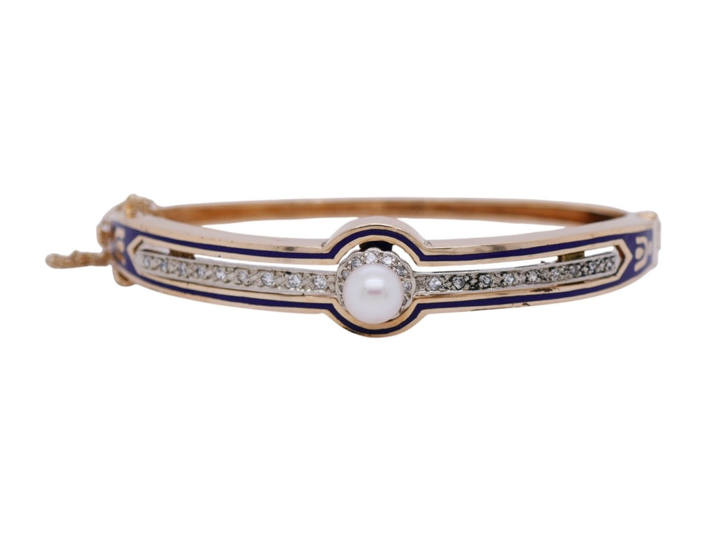 Victorian 14K Gold Bangle Bracelet Pearl & Diamond Blue Enamel Detailing