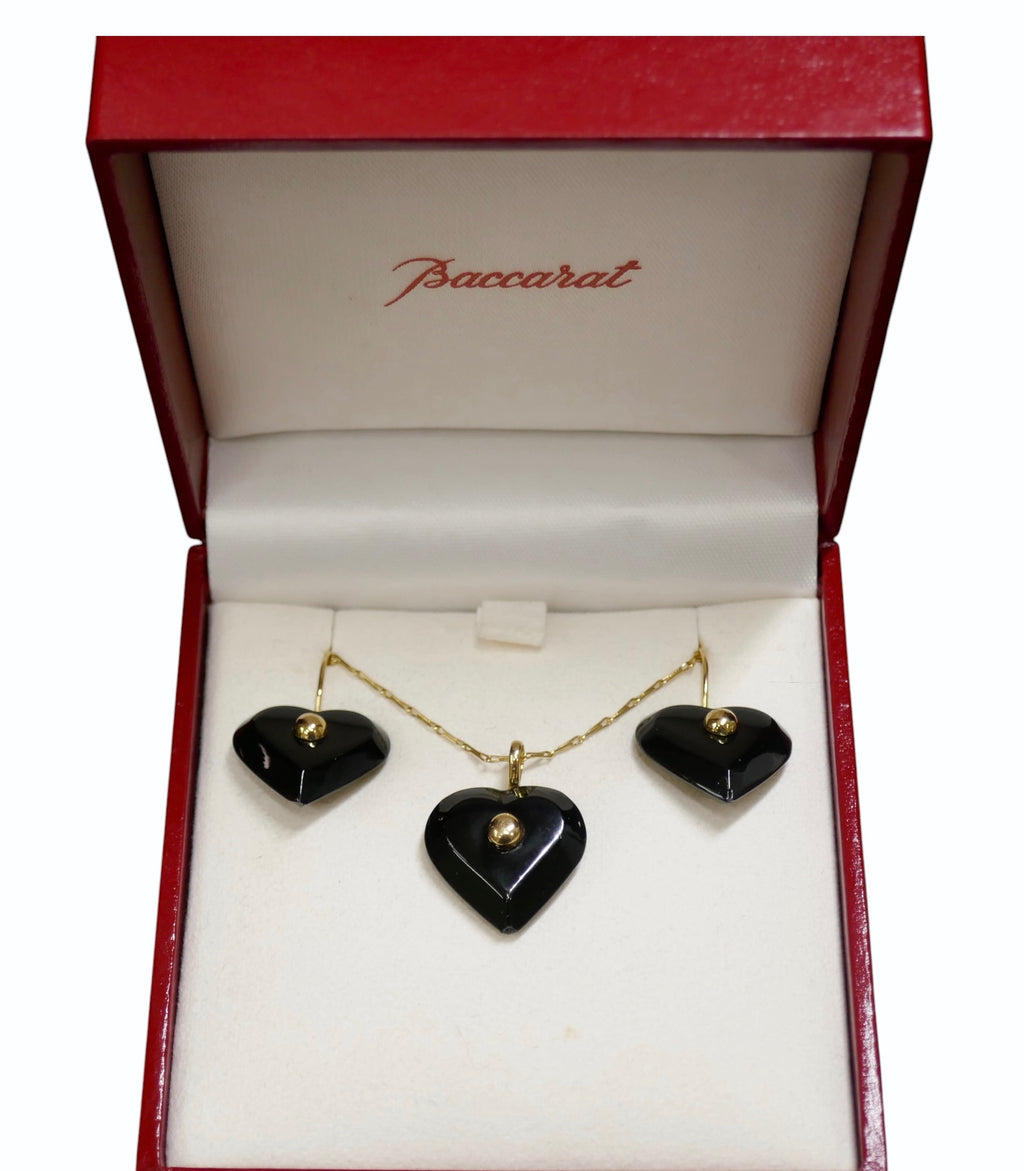 Baccarat 18K Gold Onyx Heart Necklace & Earring Set + Original Box