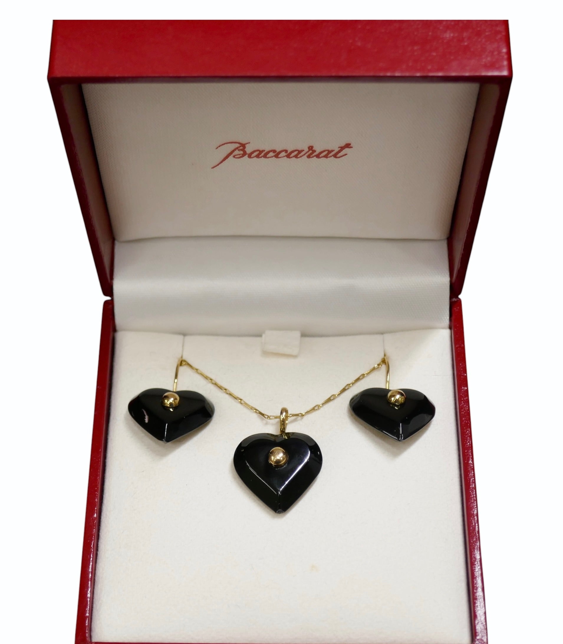 Baccarat 18K Gold Onyx Heart Necklace & Earring Set + Original Box