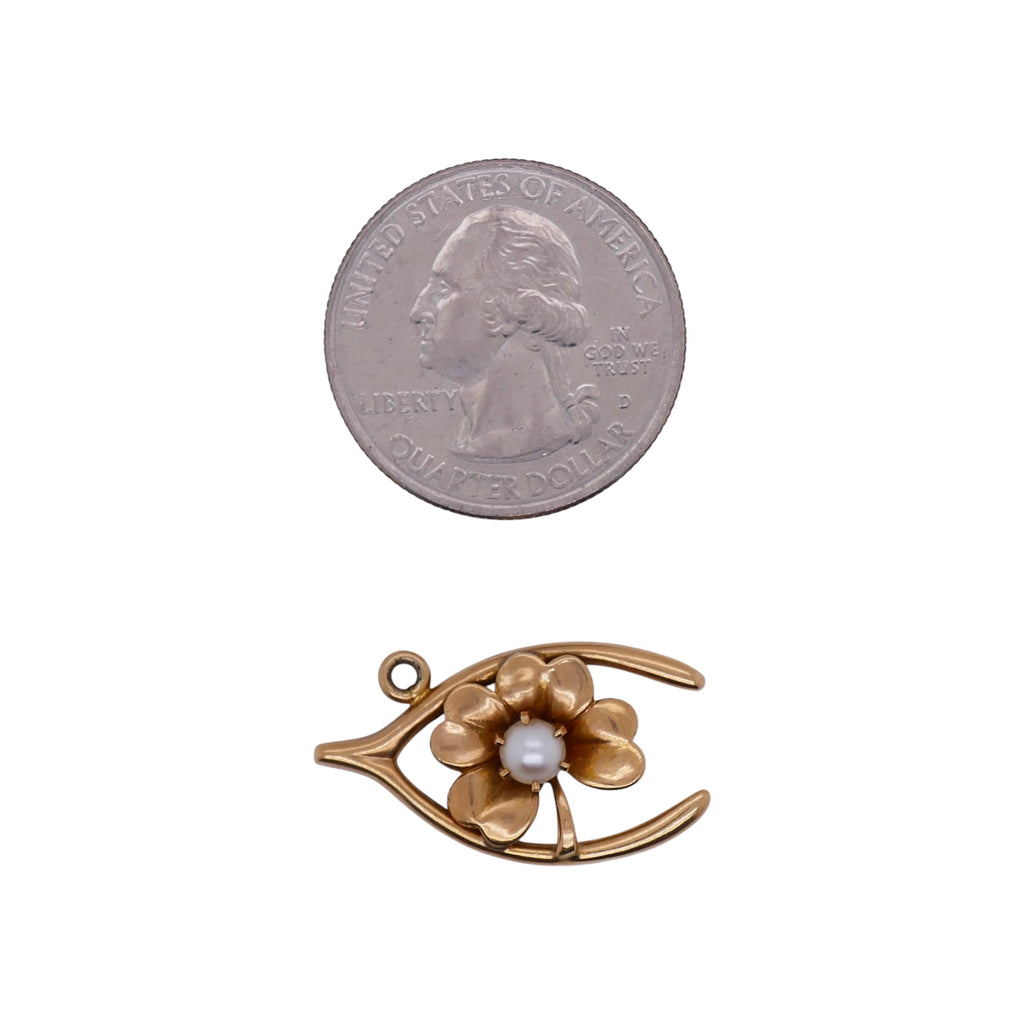 Vintage 14K Gold Wishbone & Four Leaf Clover Charm