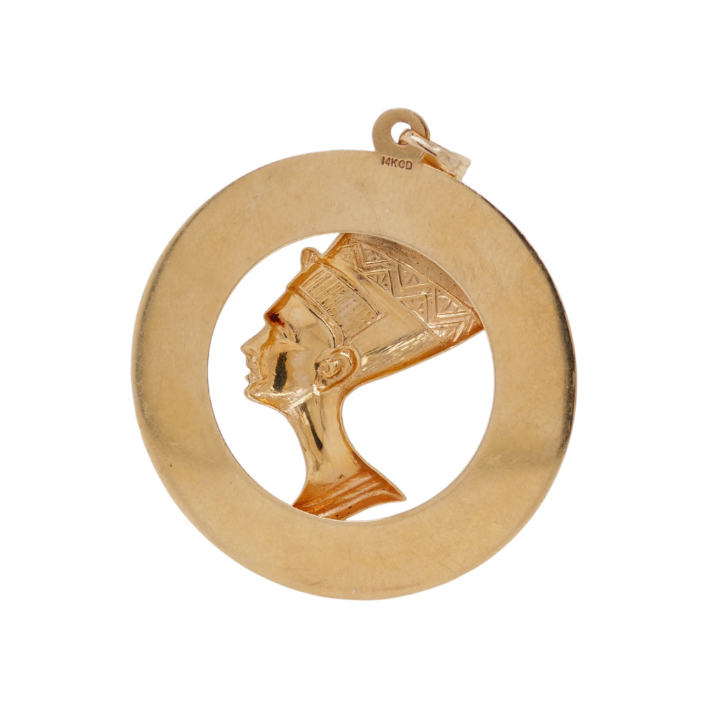 14K Yellow Gold Nefertiti Pendant – Egyptian Revival Open Circle Charm