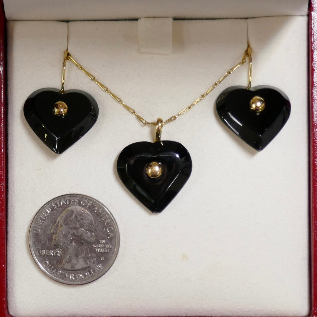 Baccarat 18K Gold Onyx Heart Necklace & Earring Set + Original Box