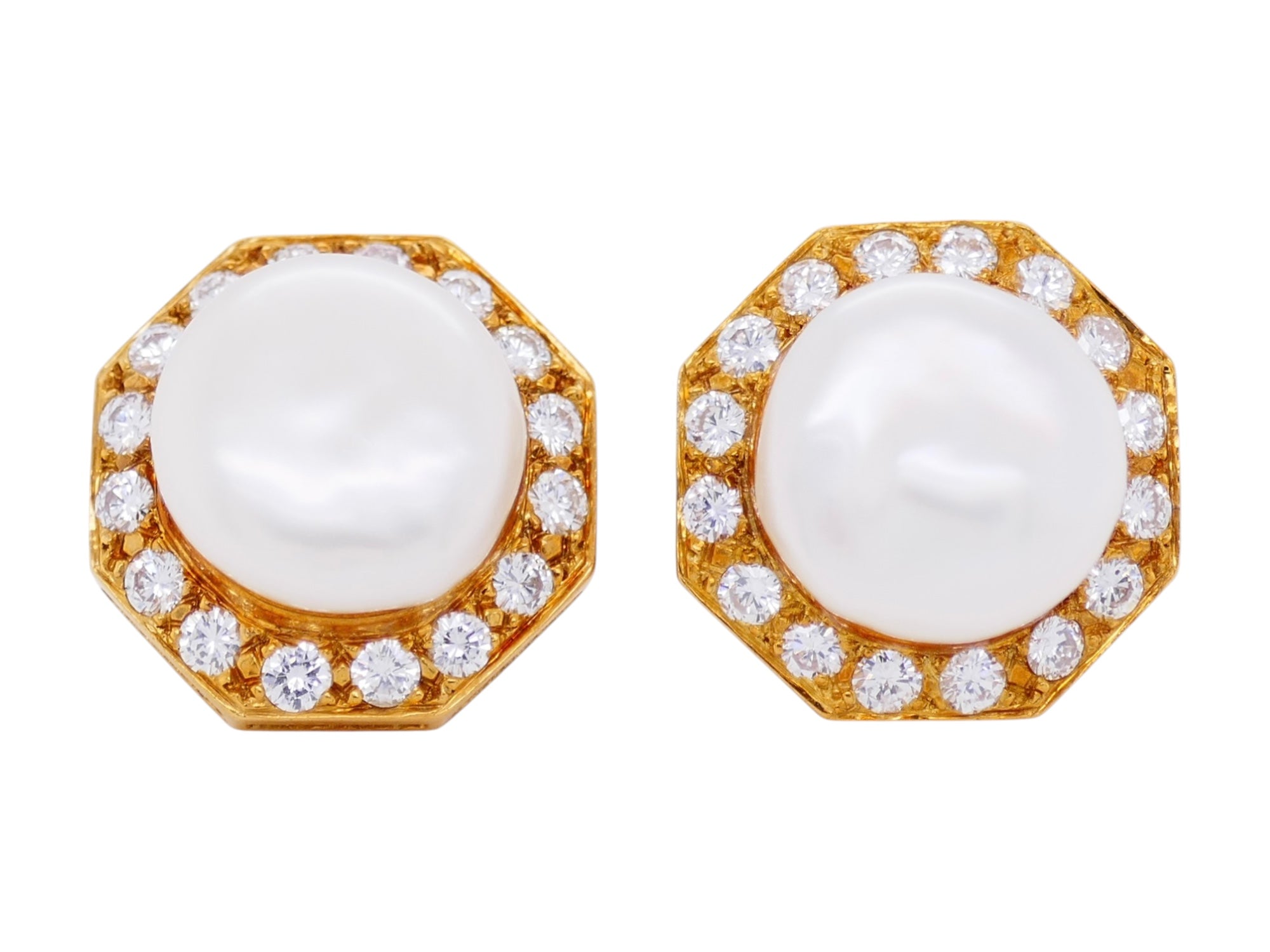 Vintage 18K Yellow Gold Mabe Pearl & Diamond Earrings
