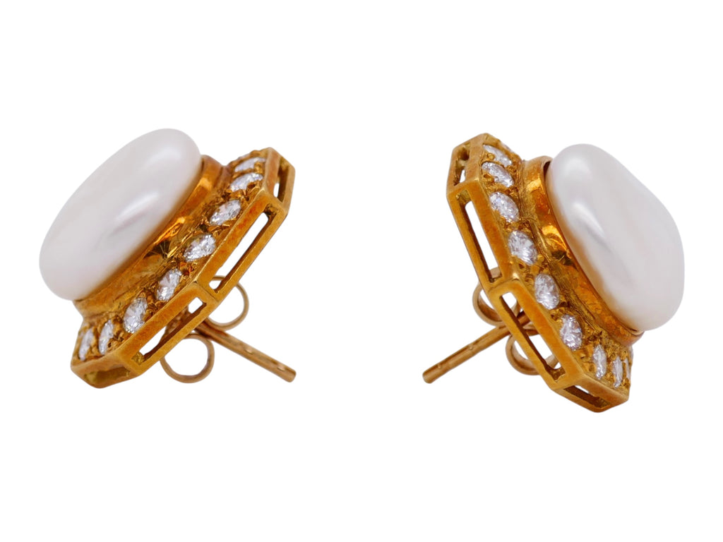 Vintage 18K Yellow Gold Mabe Pearl & Diamond Earrings