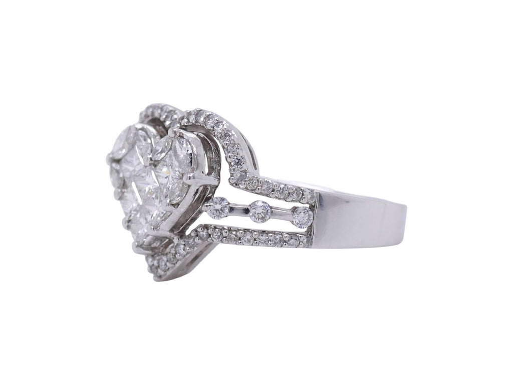 18k White Gold Heart Shaped Ring – Round, Princess, and Marquise Diamonds Sz 5.5