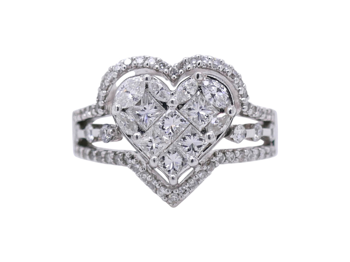 18k White Gold Heart Shaped Ring – Round, Princess, and Marquise Diamonds Sz 5.5
