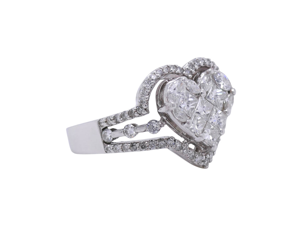 18k White Gold Heart Shaped Ring – Round, Princess, and Marquise Diamonds Sz 5.5