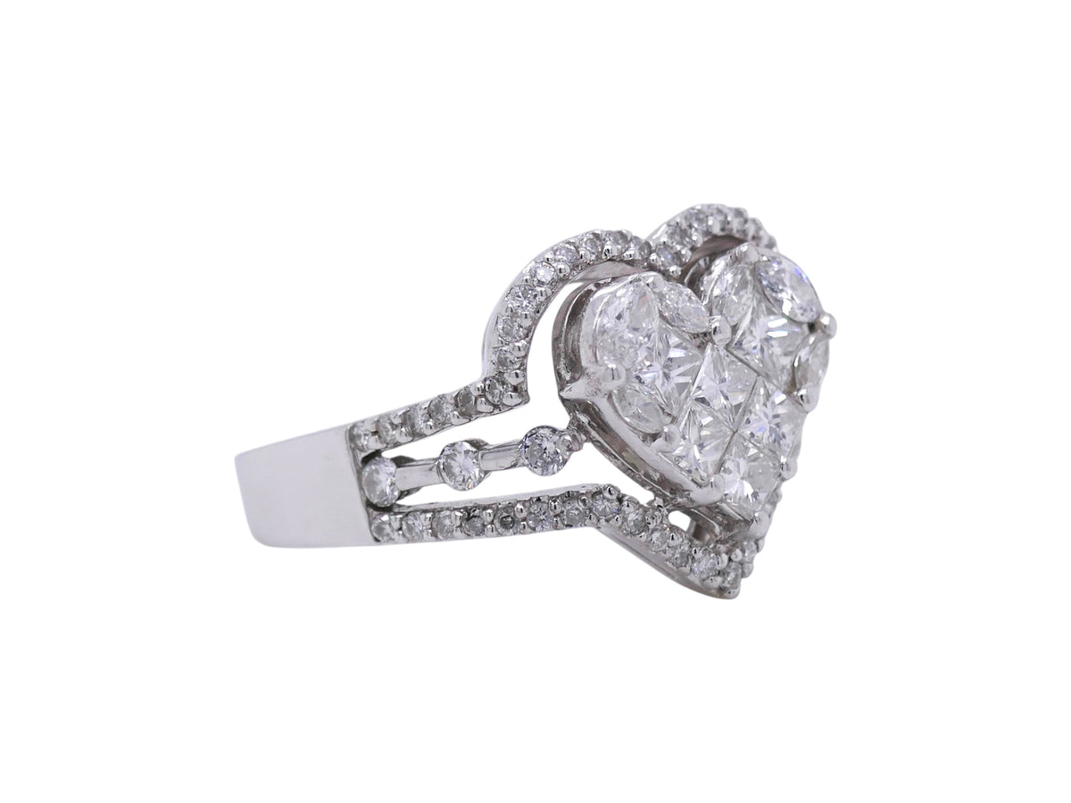 18k White Gold Heart Shaped Ring – Round, Princess, and Marquise Diamonds Sz 5.5