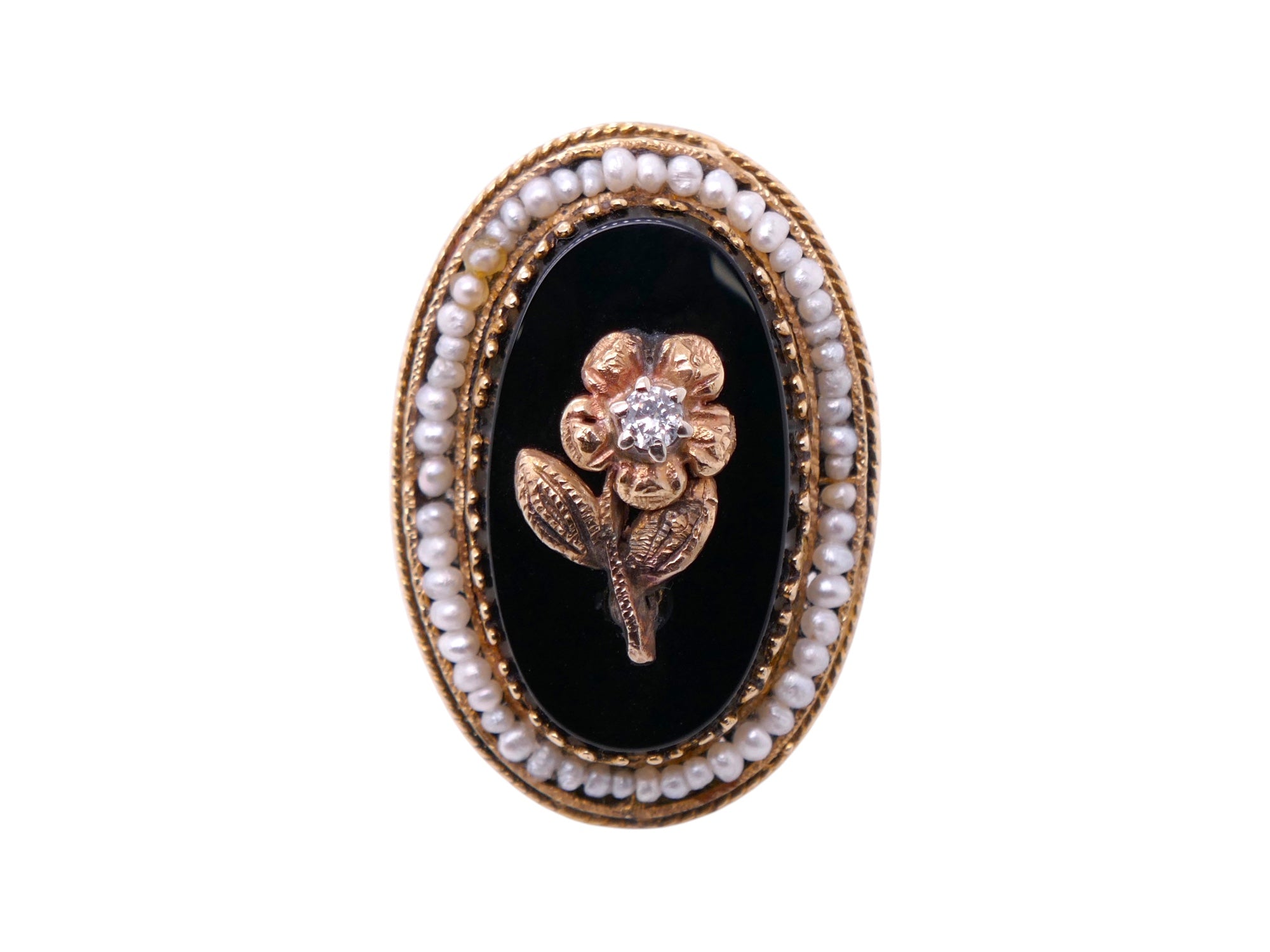 Mourning Ring 14K Yellow Gold Black Onyx Seed Pearl Size 8