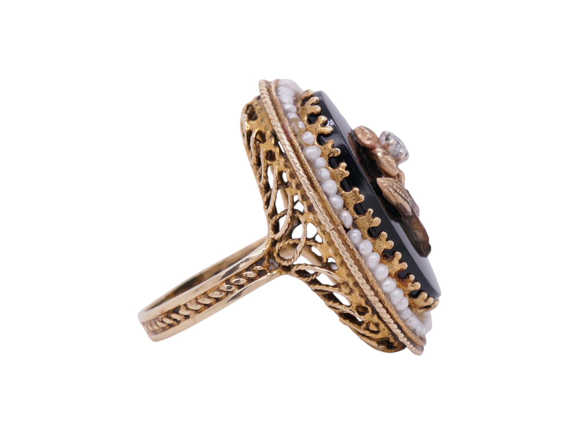Mourning Ring 14K Yellow Gold Black Onyx Seed Pearl Size 8