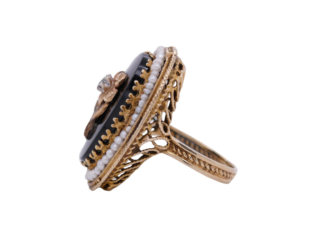 Mourning Ring 14K Yellow Gold Black Onyx Seed Pearl Size 8