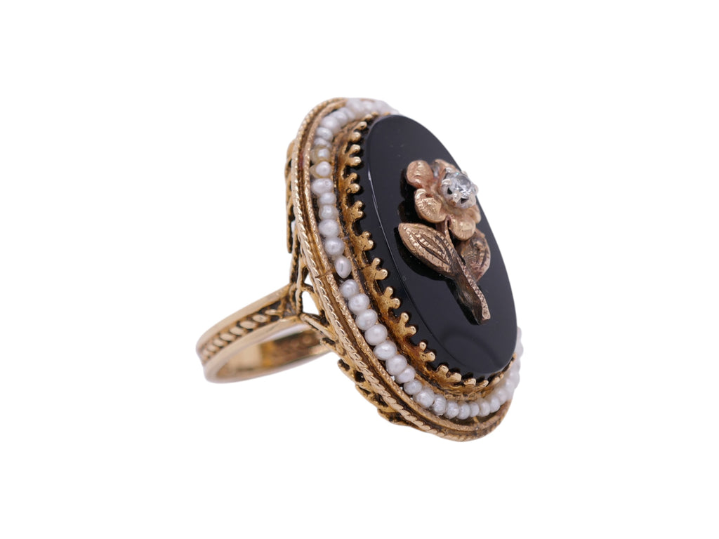 Mourning Ring 14K Yellow Gold Black Onyx Seed Pearl Size 8