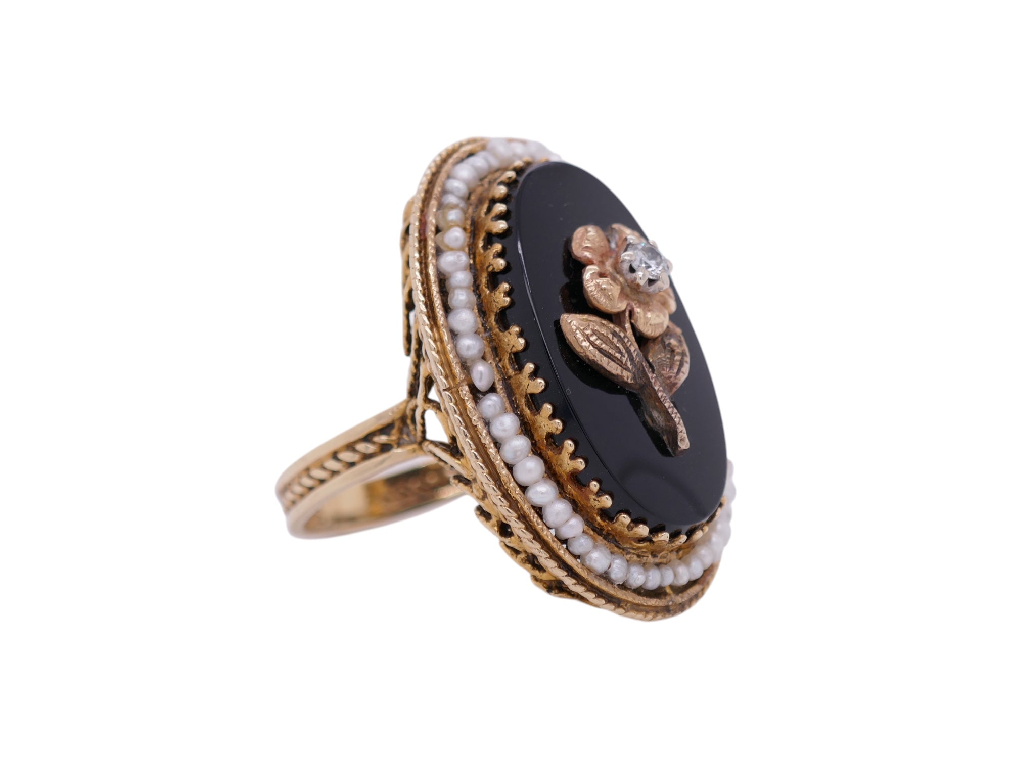 Mourning Ring 14K Yellow Gold Black Onyx Seed Pearl Size 8