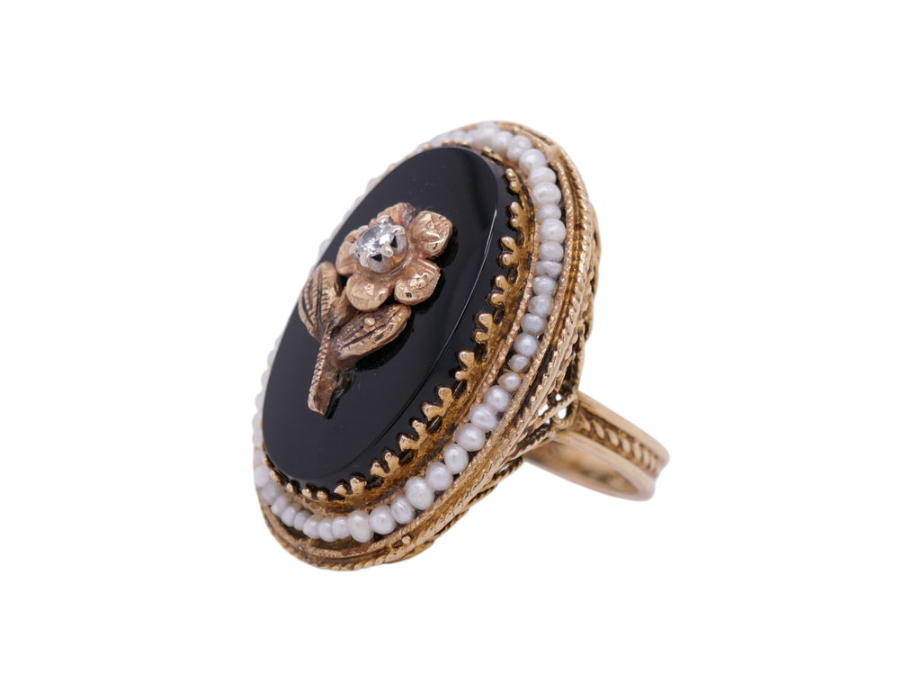 Mourning Ring 14K Yellow Gold Black Onyx Seed Pearl Size 8