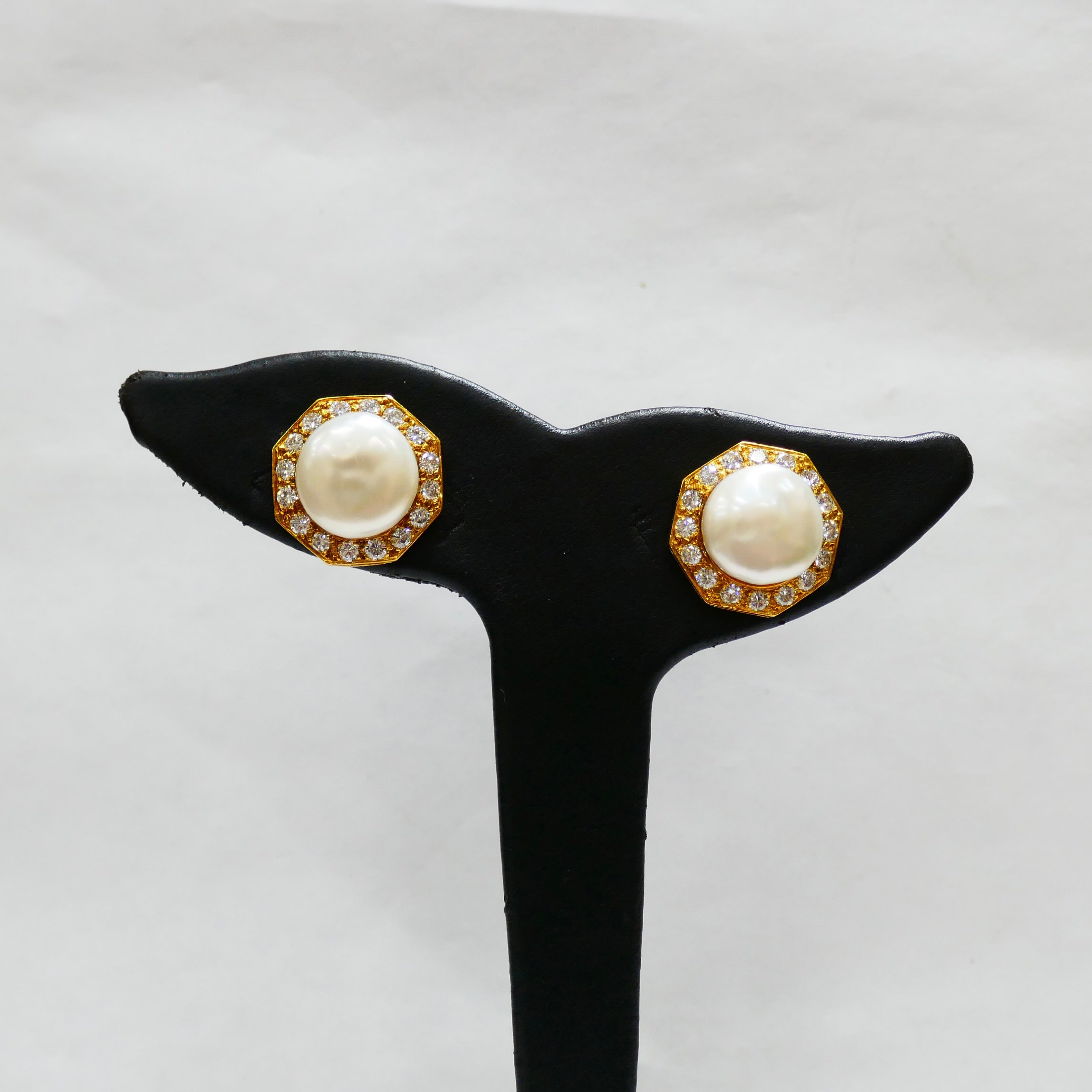Vintage 18K Yellow Gold Mabe Pearl & Diamond Earrings