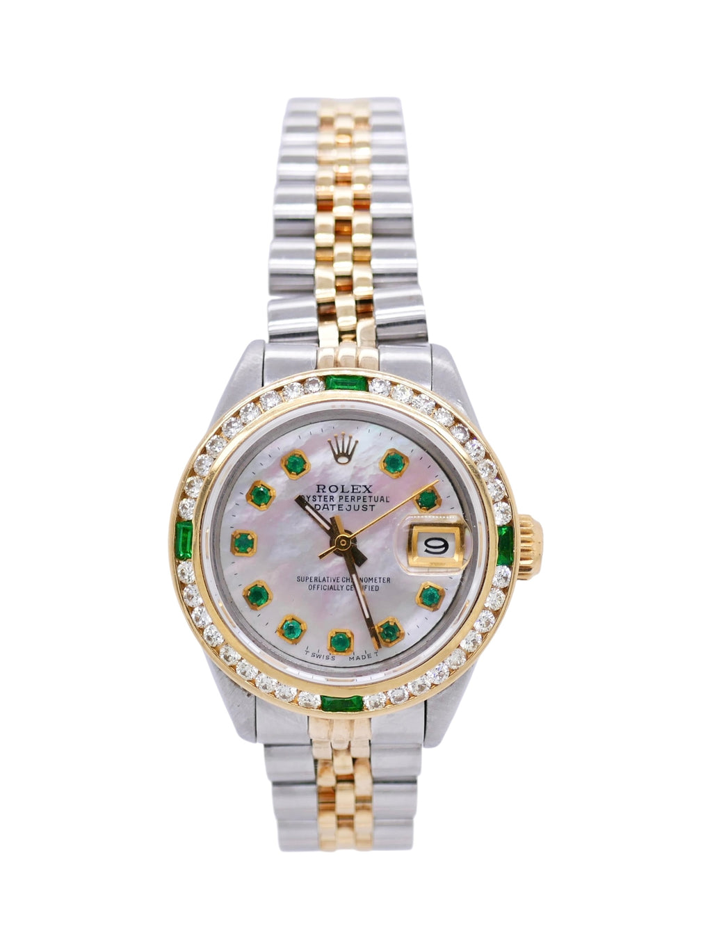 Rolex Oyster Perpetual Datejust 69173–18k Gold & Steel–Diamond & Emerald Bezel