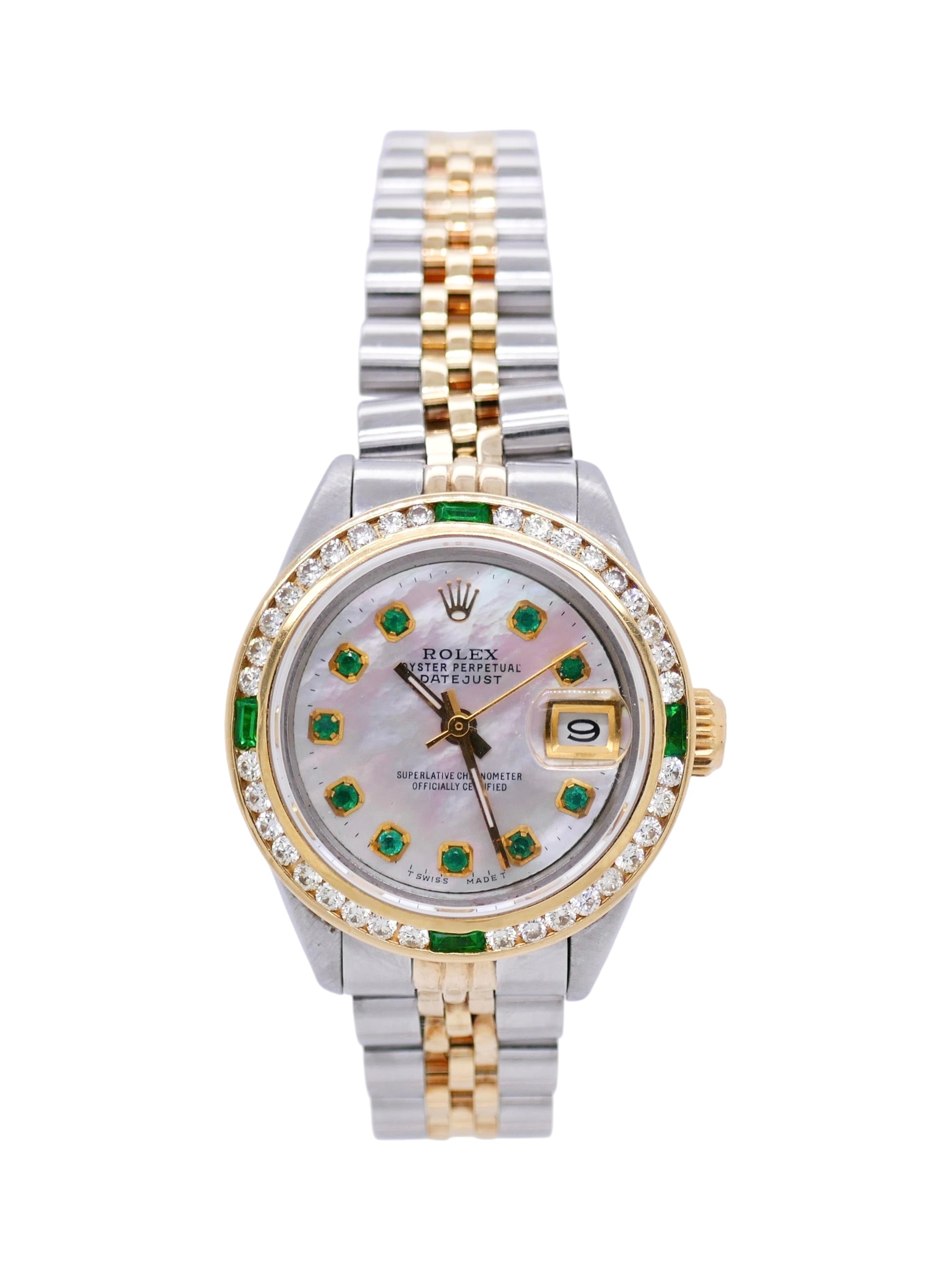 Rolex Oyster Perpetual Datejust 69173–18k Gold & Steel–Diamond & Emerald Bezel