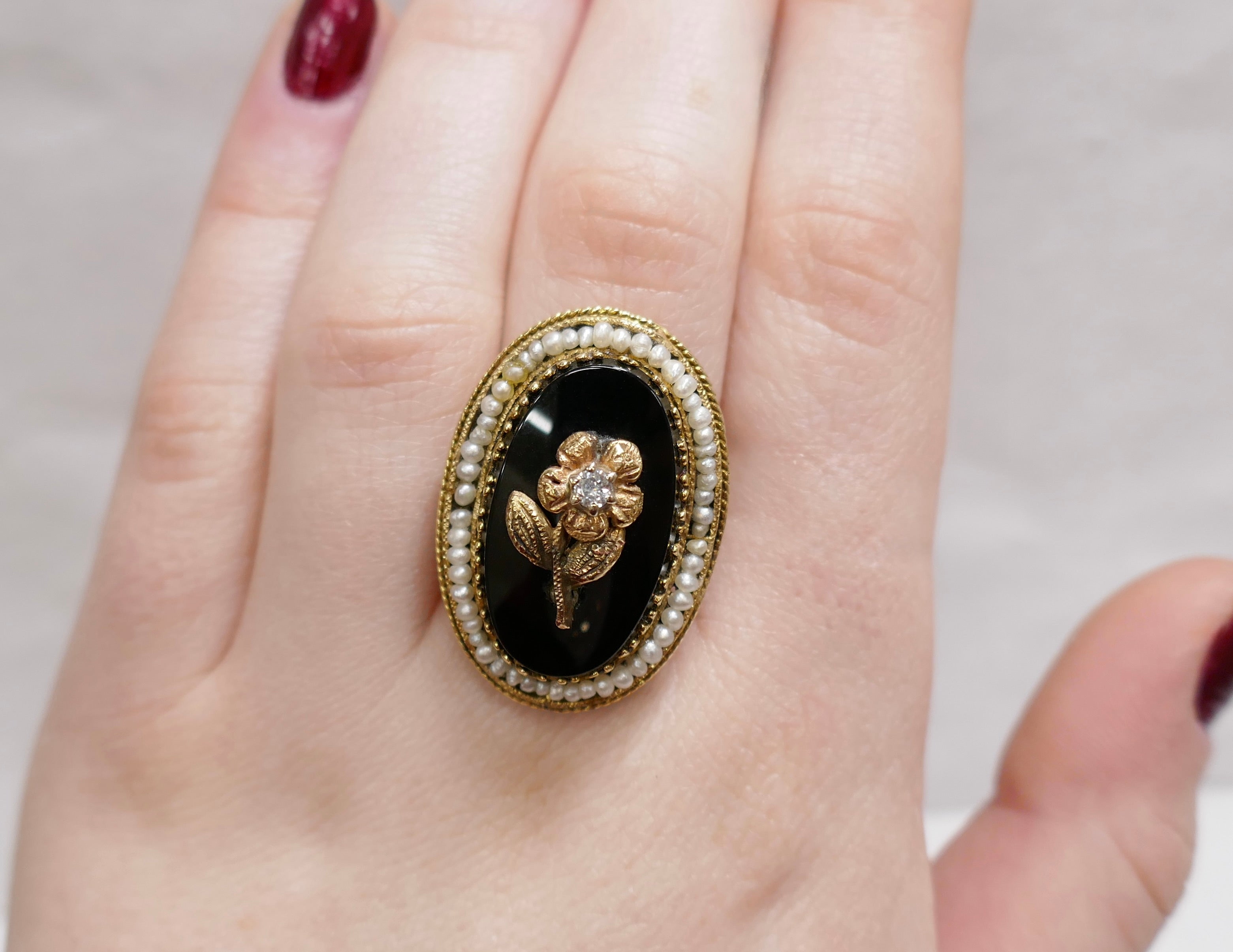 Mourning Ring 14K Yellow Gold Black Onyx Seed Pearl Size 8