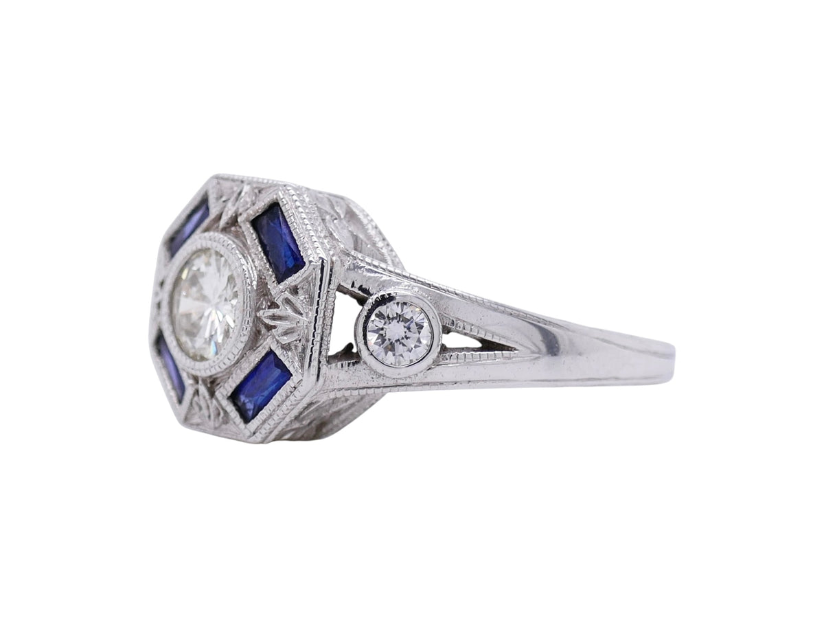 Vintage-Inspired 14K White Gold Diamond & Sapphire Ring Sz 7.25 – Art Deco Style
