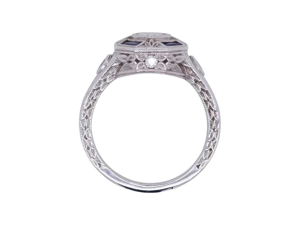 Vintage-Inspired 14K White Gold Diamond & Sapphire Ring Sz 7.25 – Art Deco Style