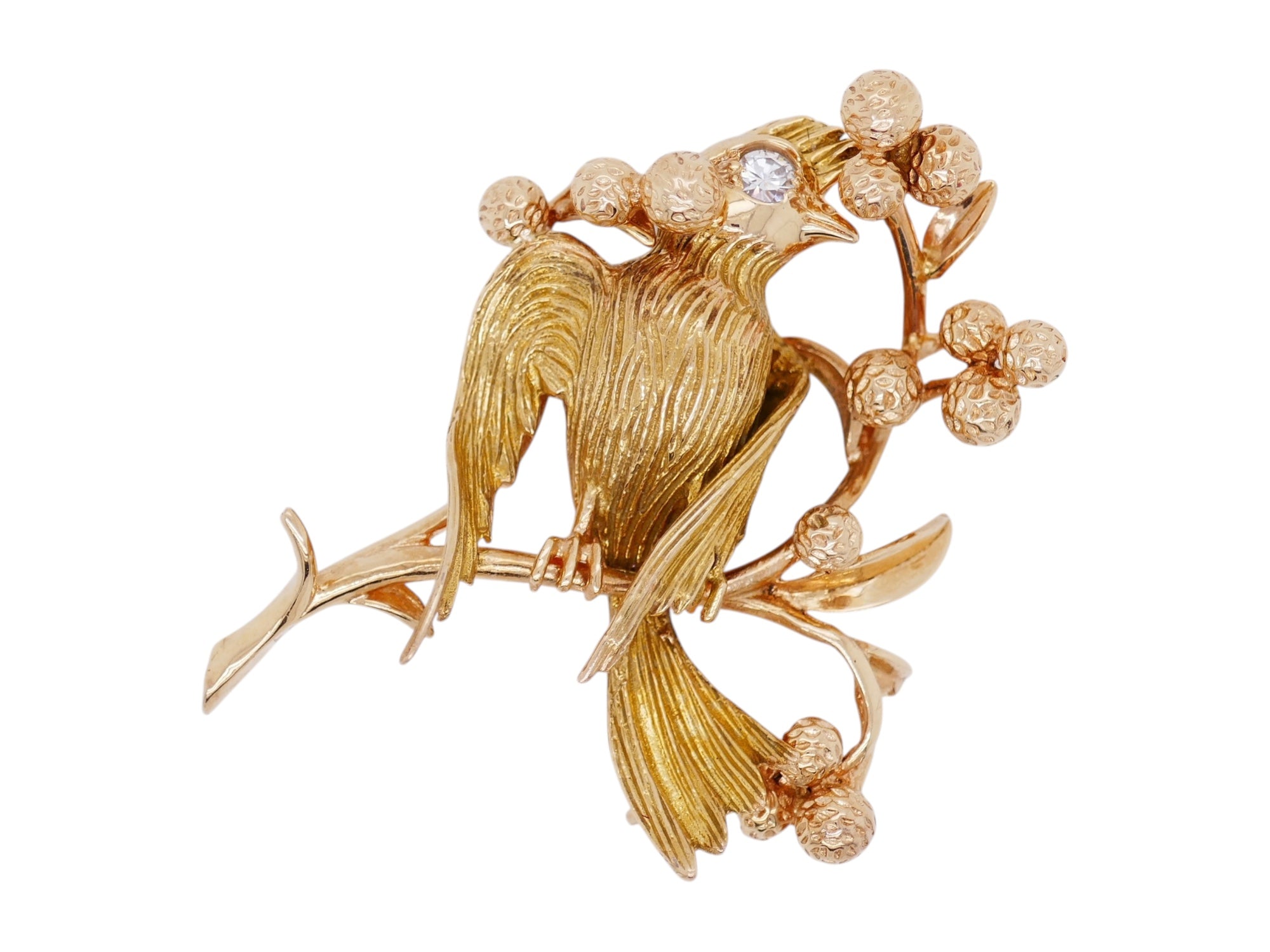 18K Yellow Gold Bird Brooch with Diamond Accent