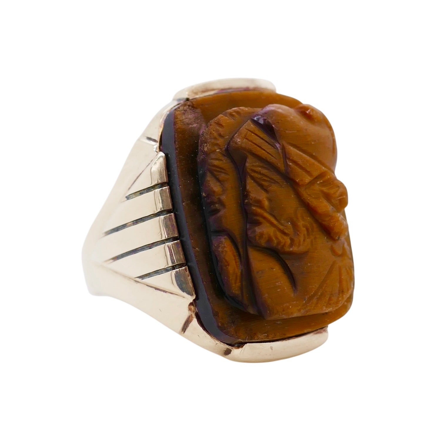 Vintage Handmade 10k Gold Tiger's Eye Cameo Ring Size 8.25