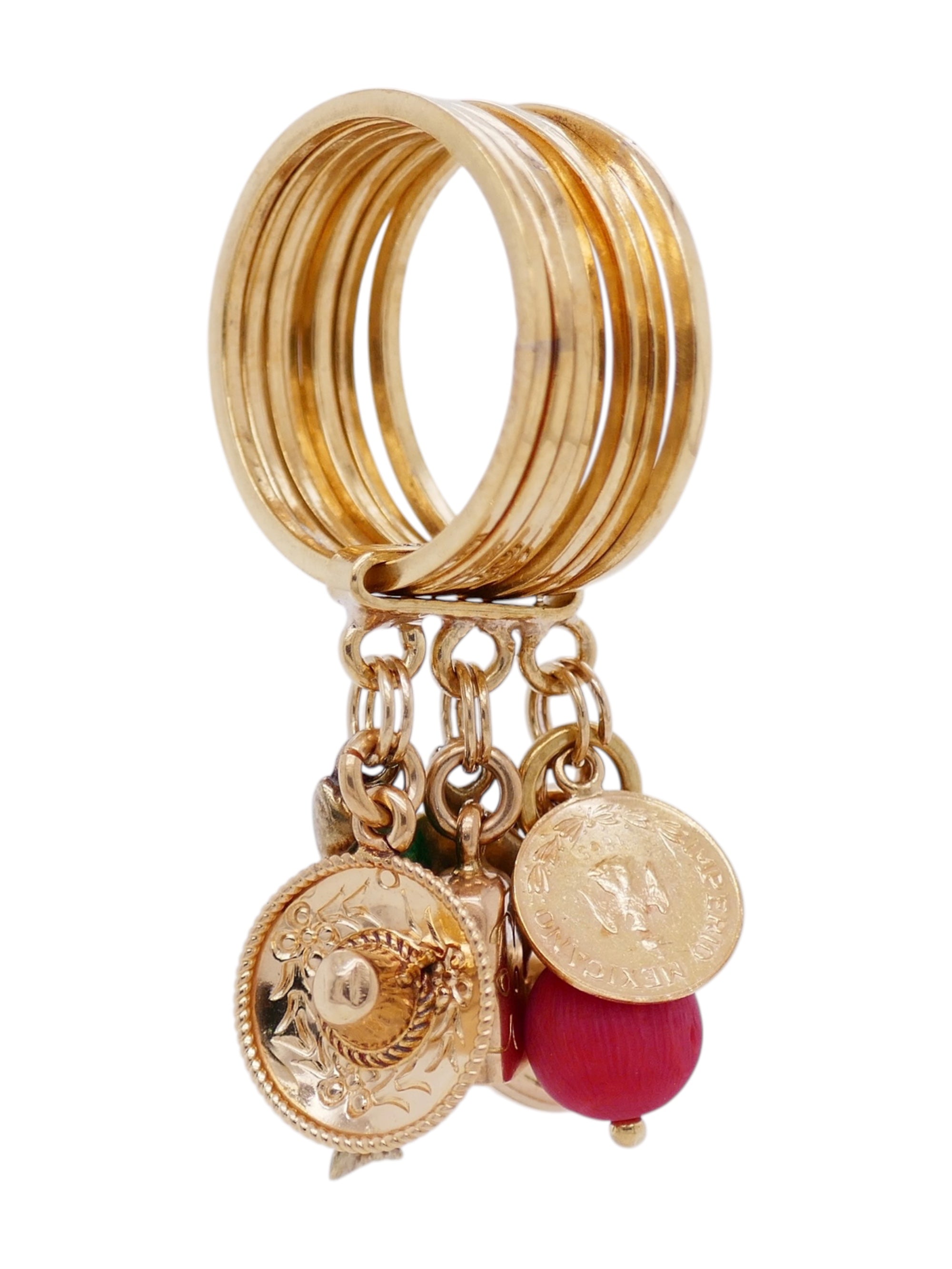 Vintage 18K Gold Multi-Band Mexican Charm Ring– 7 Dangling Gold Charms Size 7.5