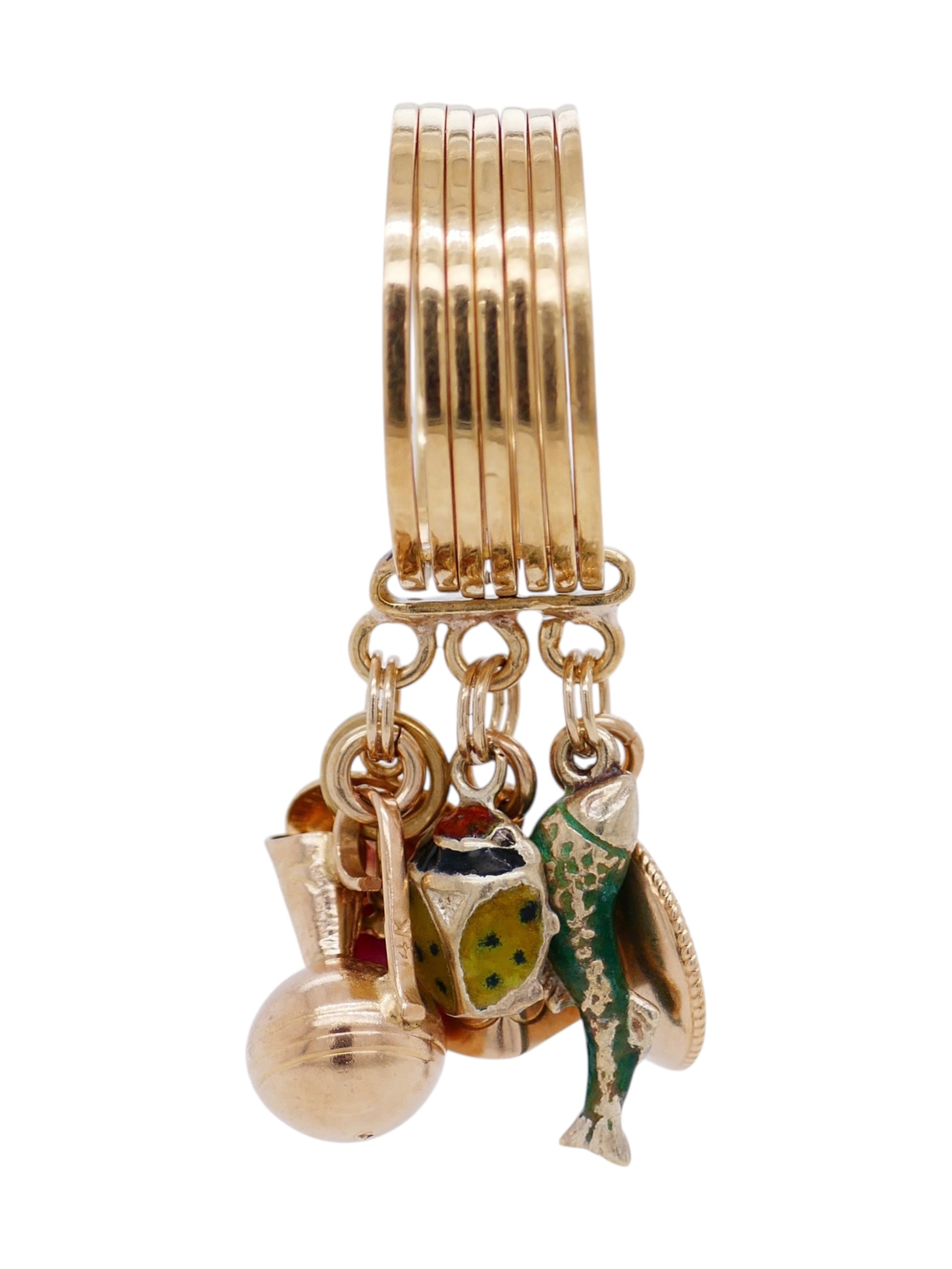 Vintage 18K Gold Multi-Band Mexican Charm Ring– 7 Dangling Gold Charms Size 7.5