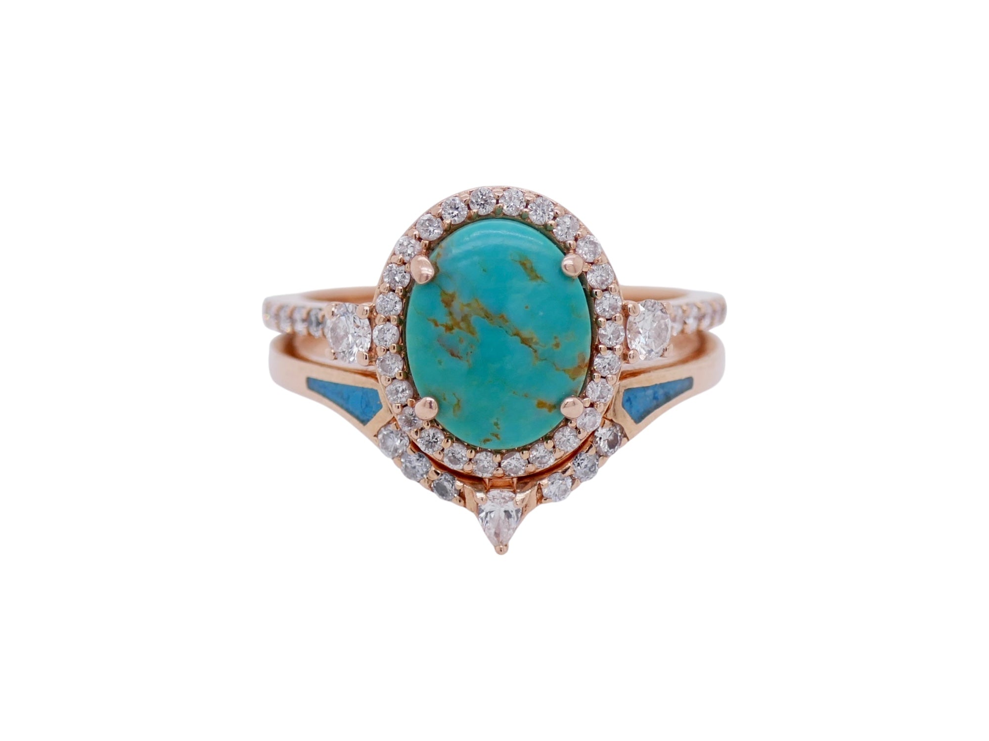 14k Rose Gold Turquoise & Diamond Two Ring Set Size 8.5