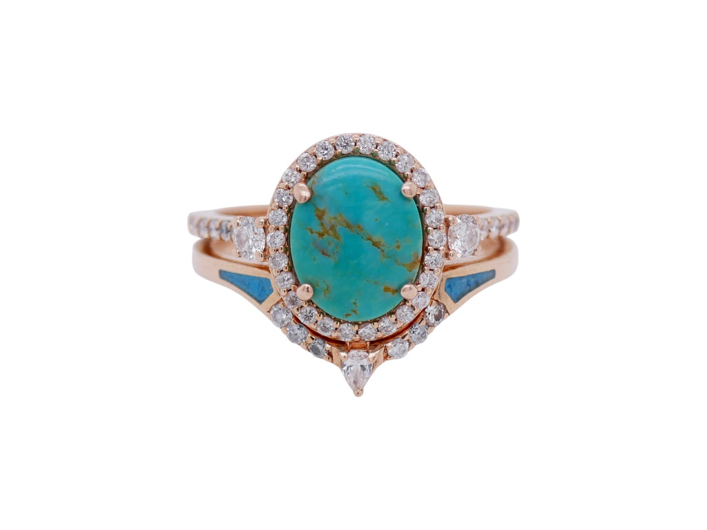 14k Rose Gold Turquoise & Diamond Two Ring Set Size 8.5