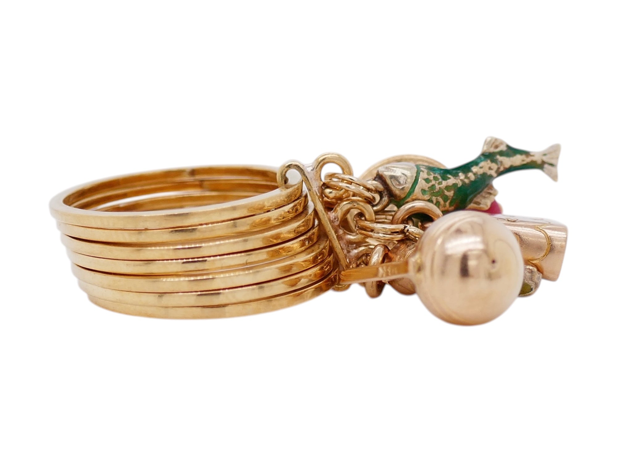 Vintage 18K Gold Multi-Band Mexican Charm Ring– 7 Dangling Gold Charms Size 7.5