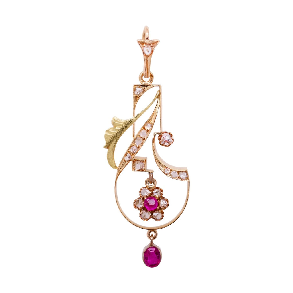 Antique 14K Yellow & Rose Gold Diamond & Lab Created Ruby Pendant