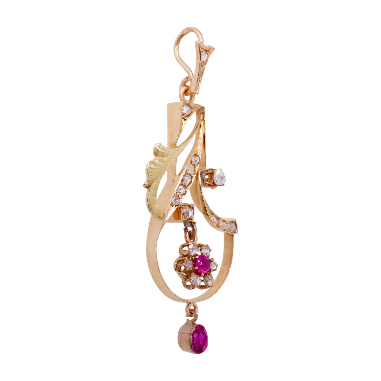 Antique 14K Yellow & Rose Gold Diamond & Lab Created Ruby Pendant