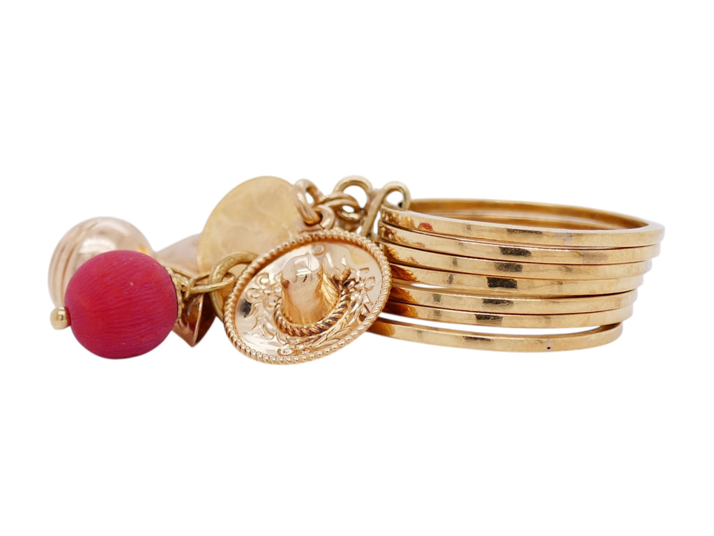 Vintage 18K Gold Multi-Band Mexican Charm Ring– 7 Dangling Gold Charms Size 7.5