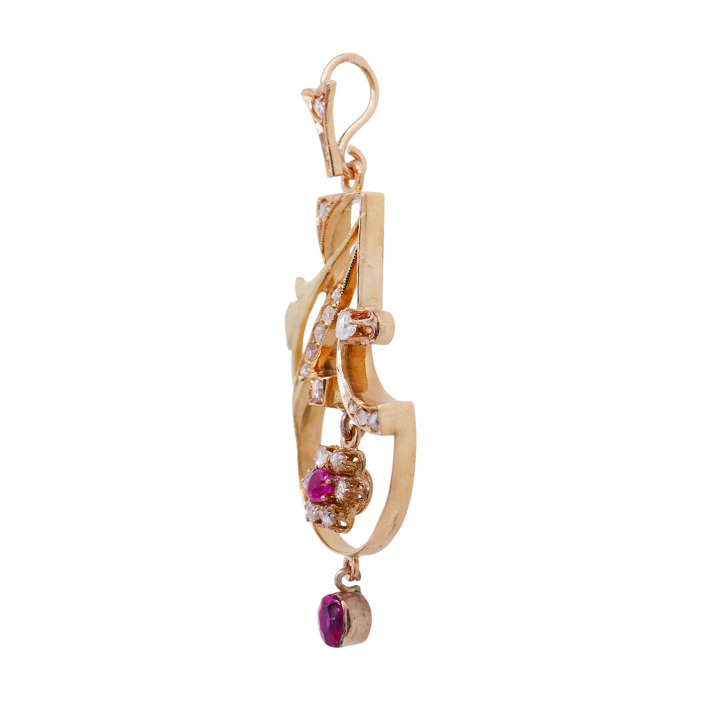 Antique 14K Yellow & Rose Gold Diamond & Lab Created Ruby Pendant