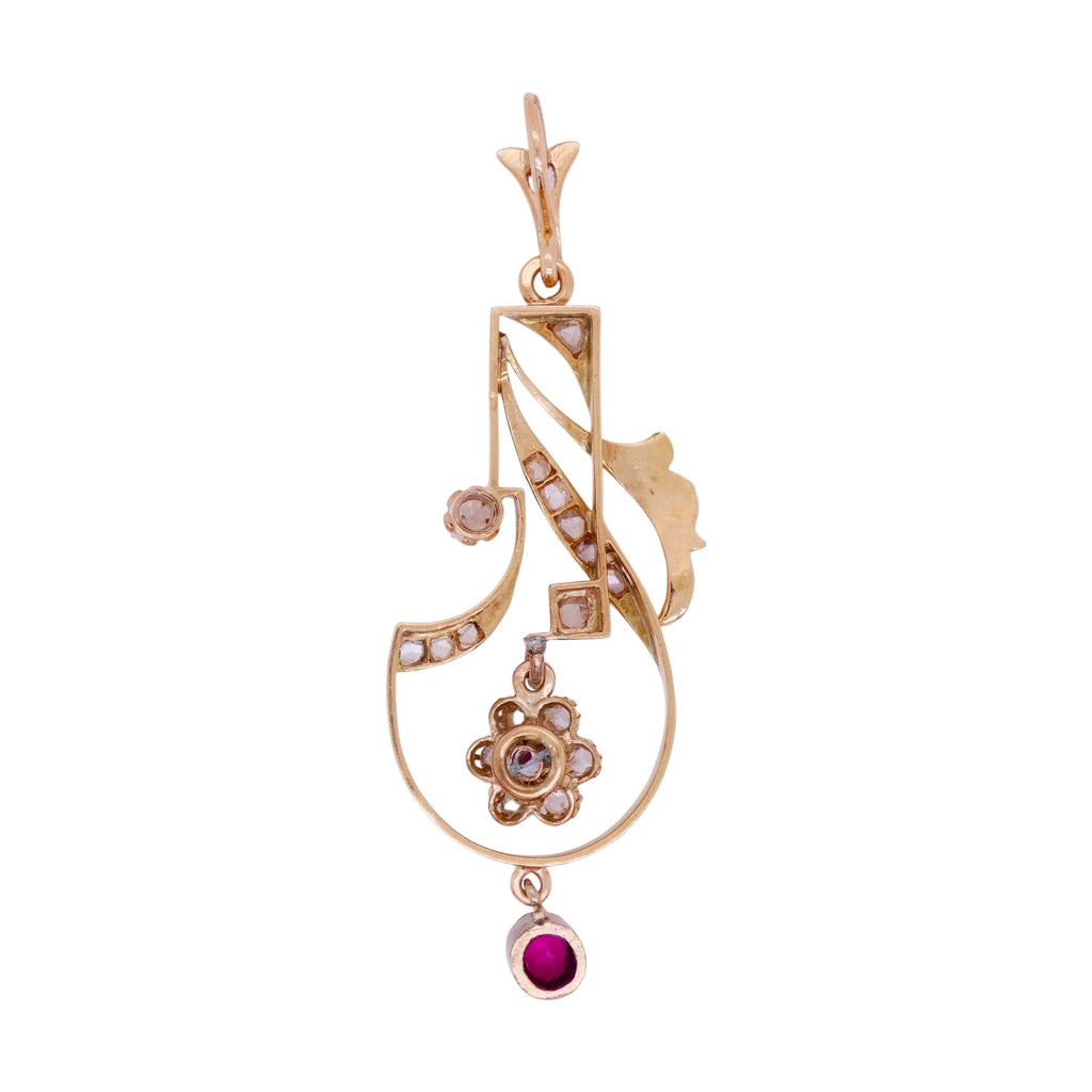 Antique 14K Yellow & Rose Gold Diamond & Lab Created Ruby Pendant