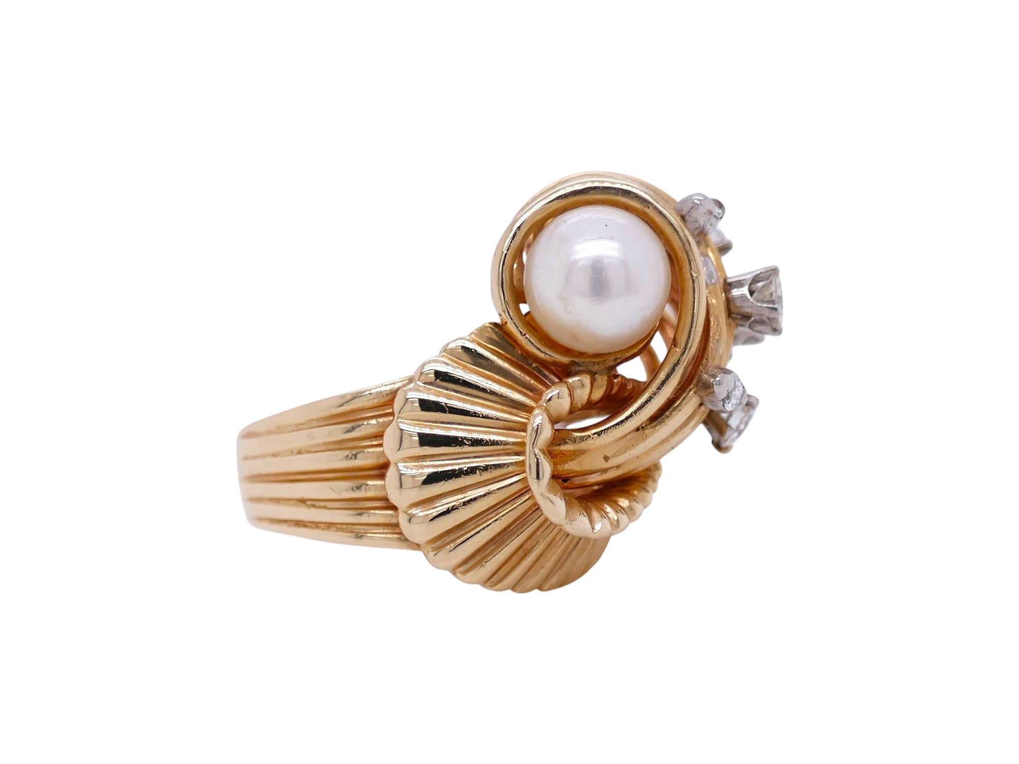 Vintage retro 14K Gold Diamond & Pearl Statement Ring Size 6.25
