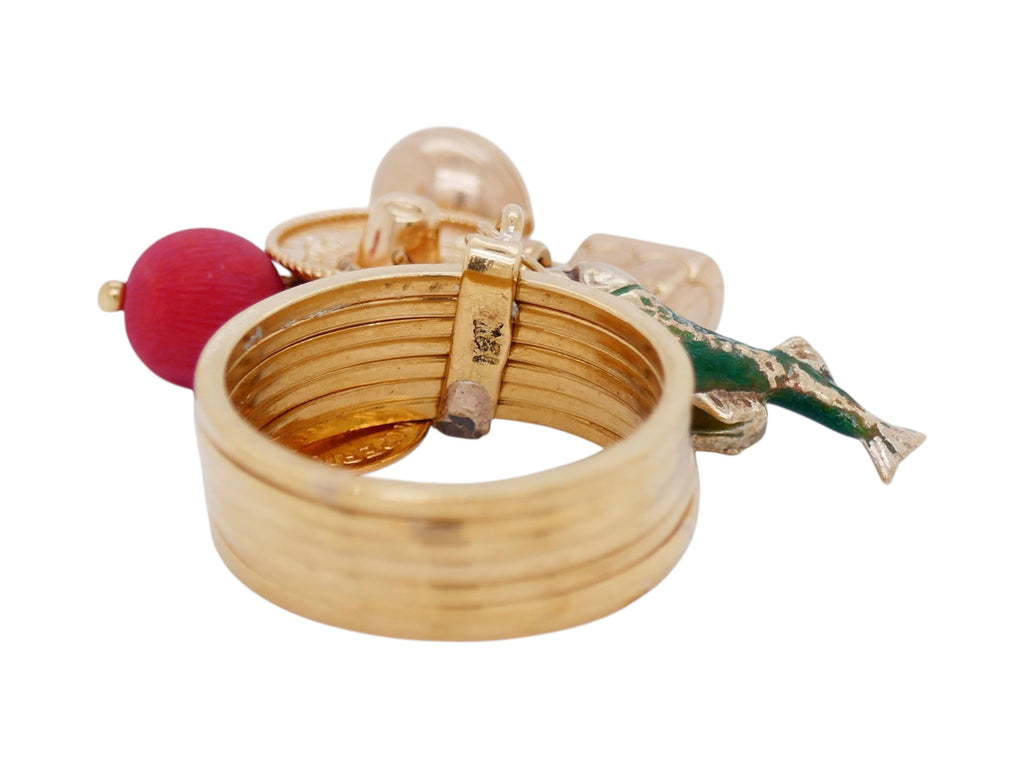 Vintage 18K Gold Multi-Band Mexican Charm Ring– 7 Dangling Gold Charms Size 7.5