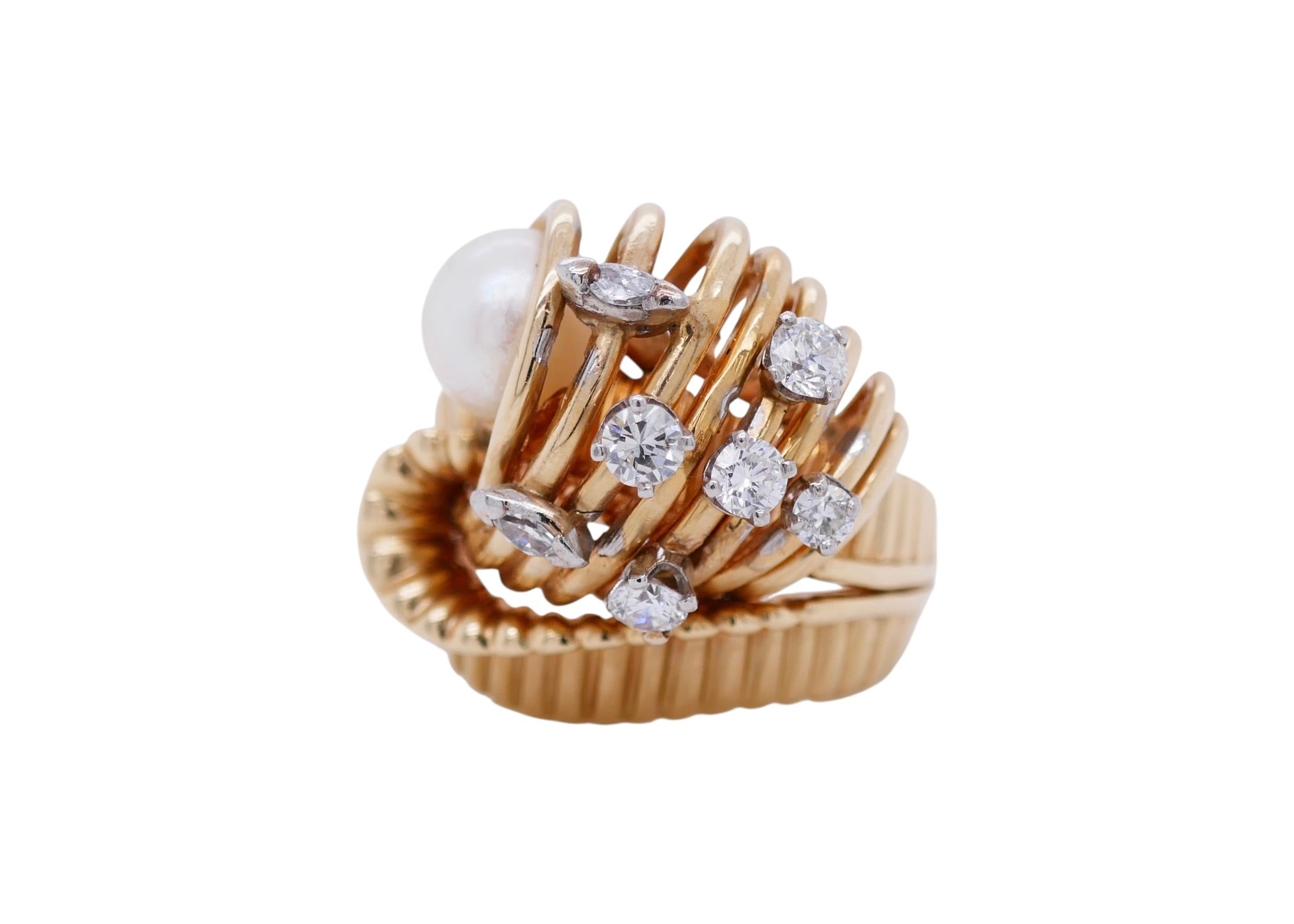 Vintage retro 14K Gold Diamond & Pearl Statement Ring Size 6.25