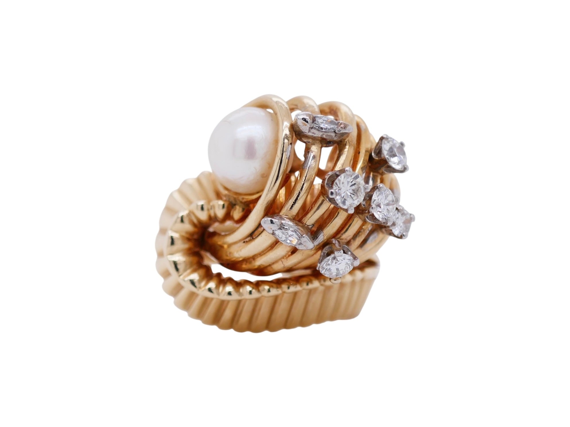 Vintage retro 14K Gold Diamond & Pearl Statement Ring Size 6.25