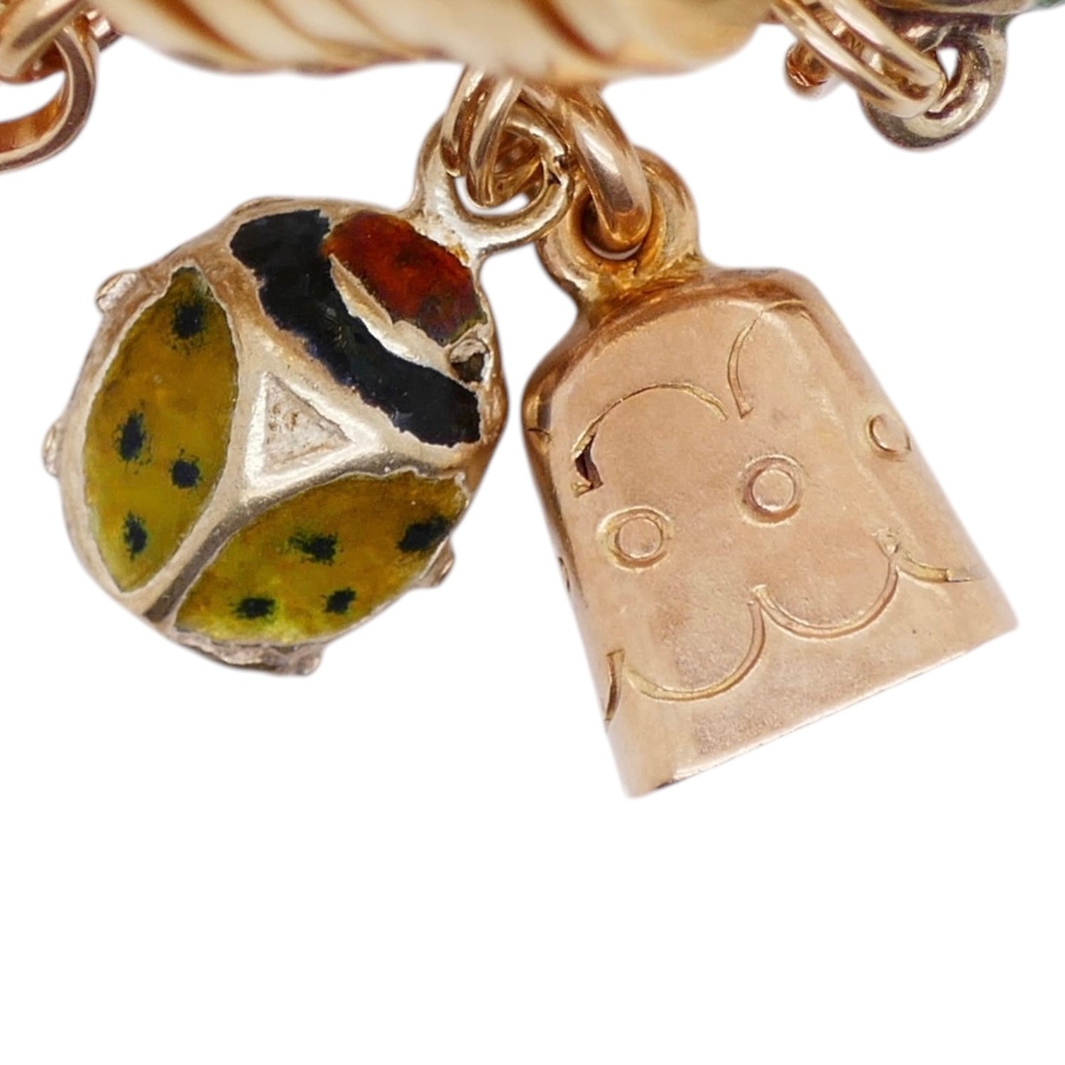 Vintage 18K Gold Multi-Band Mexican Charm Ring– 7 Dangling Gold Charms Size 7.5