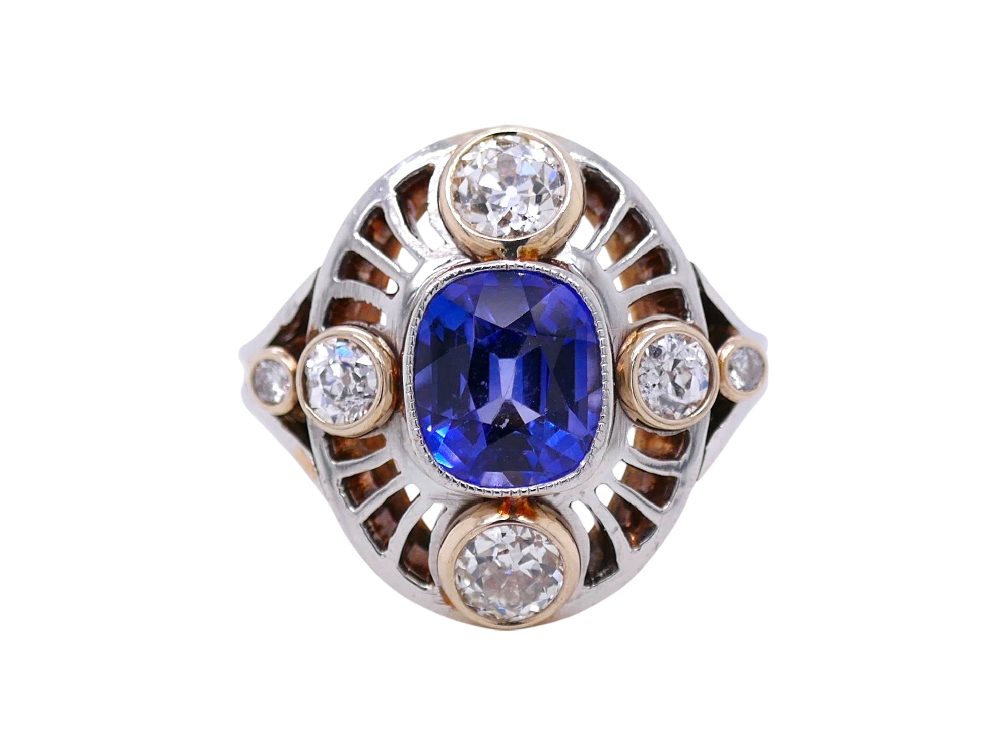 Art Deco 14k White & Yellow Gold Blue Sapphire & Diamond Engagement Ring