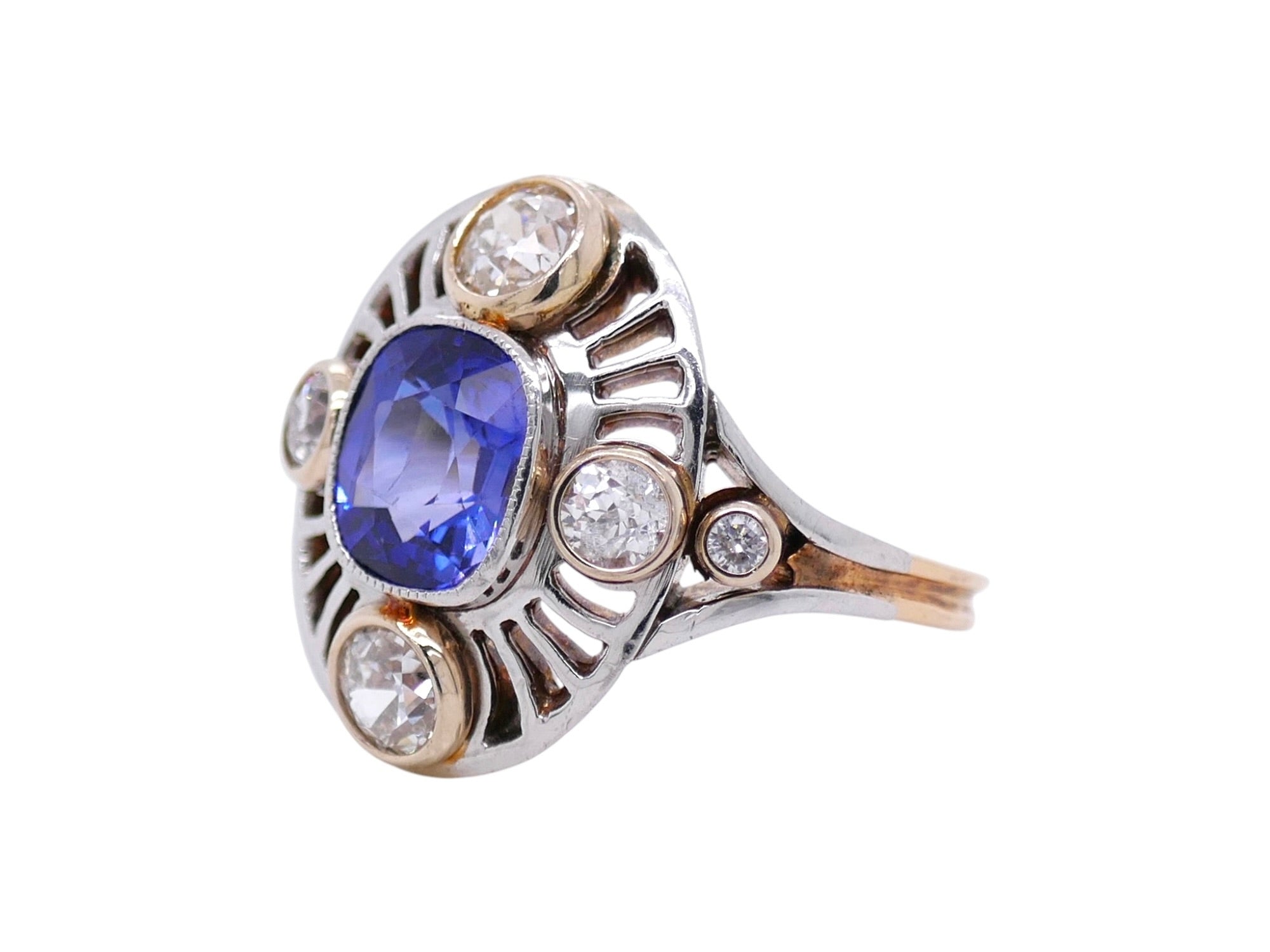 Art Deco 14k White & Yellow Gold Blue Sapphire & Diamond Engagement Ring
